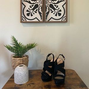 Black suede chunky heel.